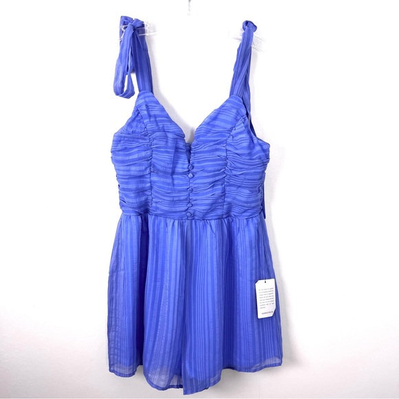 Lulu’s NWT Destined to Charm Striped Blue Ruched Tie Strap Romper - Picture 1 of 7